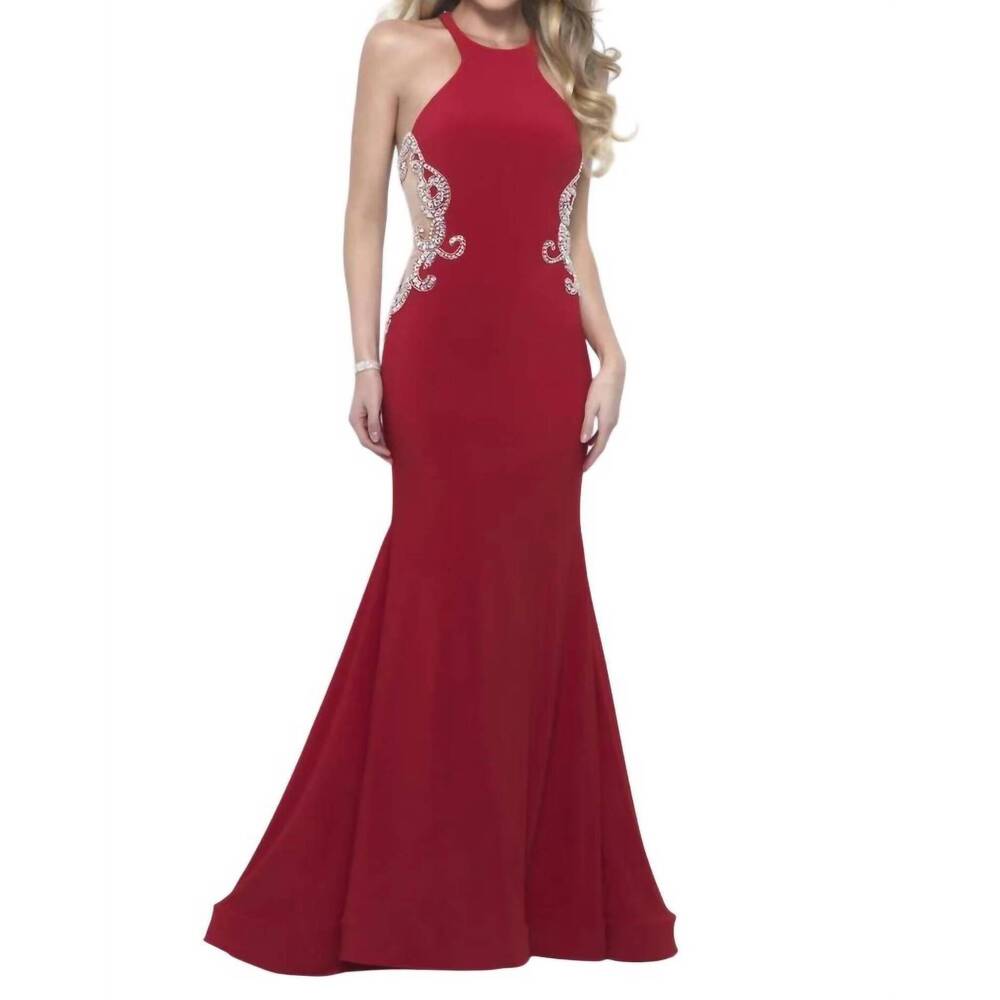 NEW BLUSH PROM beaded jersey gown with illusion cutouts in valentine